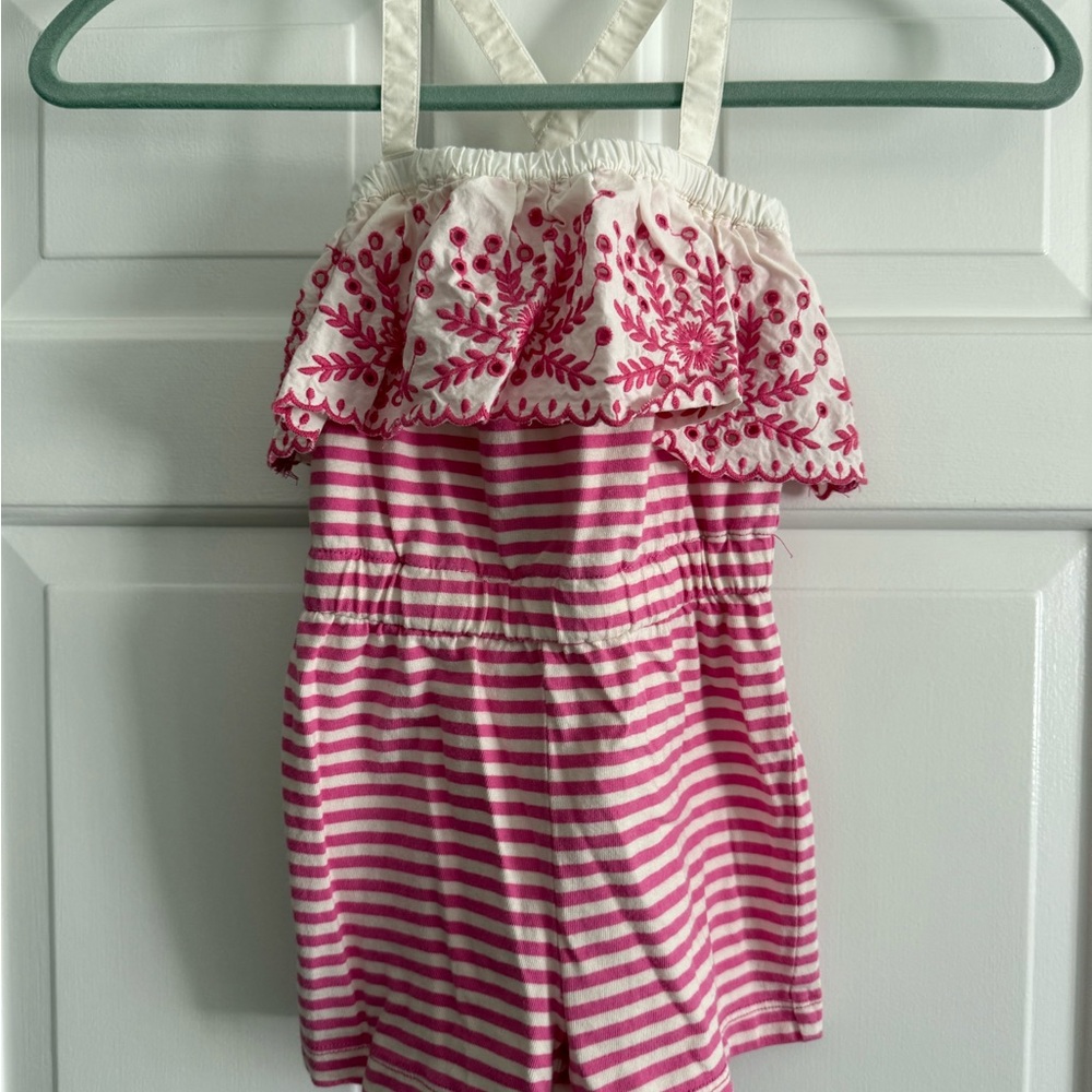 Toddler Girls Pink and White Striped Romper with Floral Embroidery